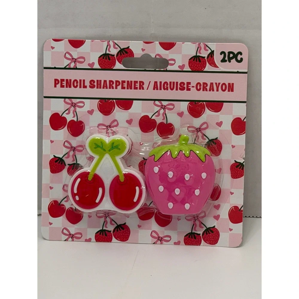 2PC Fruit Pencil Sharpener Set Cherry and Strawberry Shapes Pink Red New